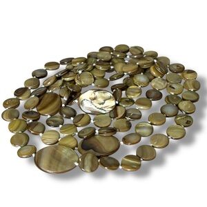 Olive Green Mother of Pearl Shell Disc Necklace – Long Strand Natural Bohemian